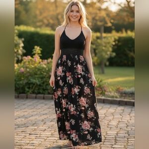Gorgeous Black Floral Maxi Dress with Crochet Bodice and Pink Rose Print